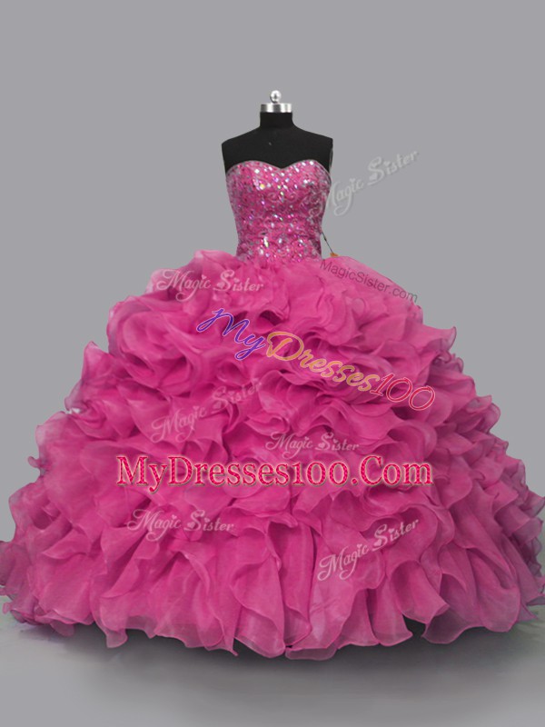 Sweet Hot Pink Lace Up Sweetheart Beading Quinceanera Gowns Organza Sleeveless