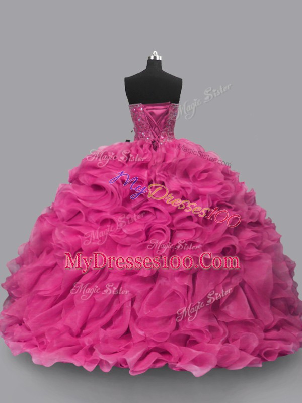 Sweet Hot Pink Lace Up Sweetheart Beading Quinceanera Gowns Organza Sleeveless