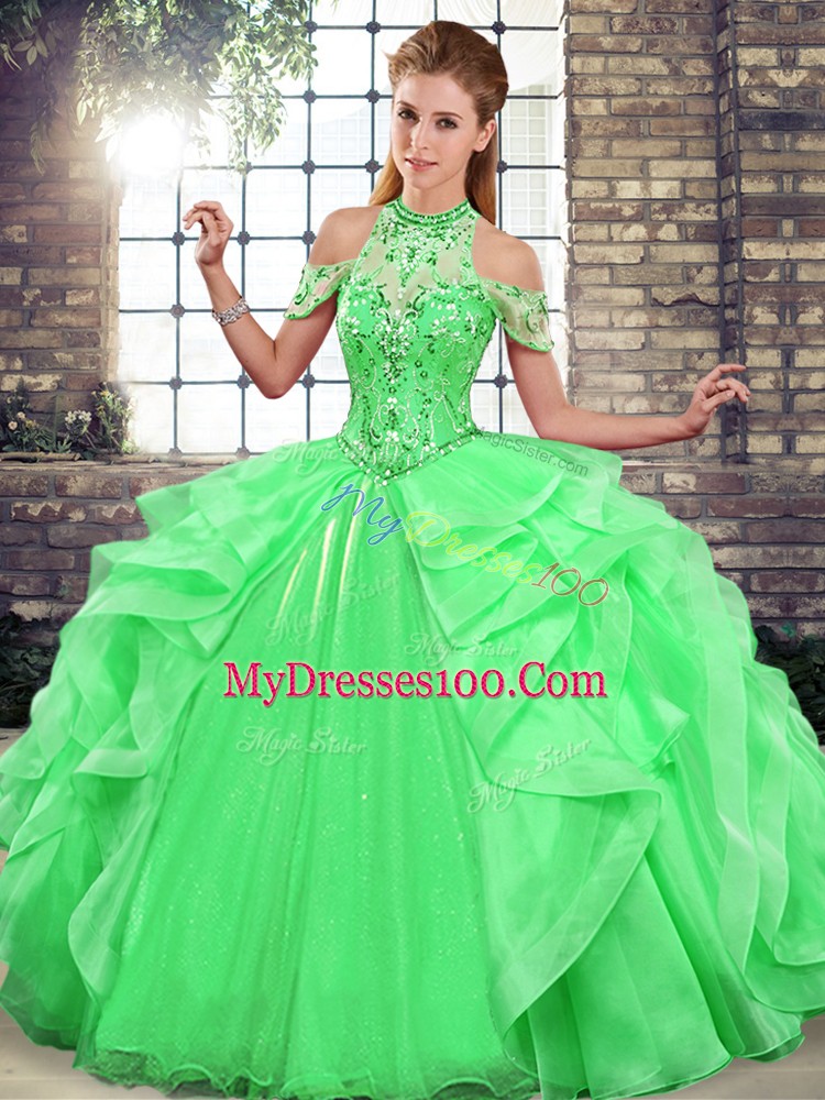 Halter Top Sleeveless Lace Up Quince Ball Gowns Green Organza