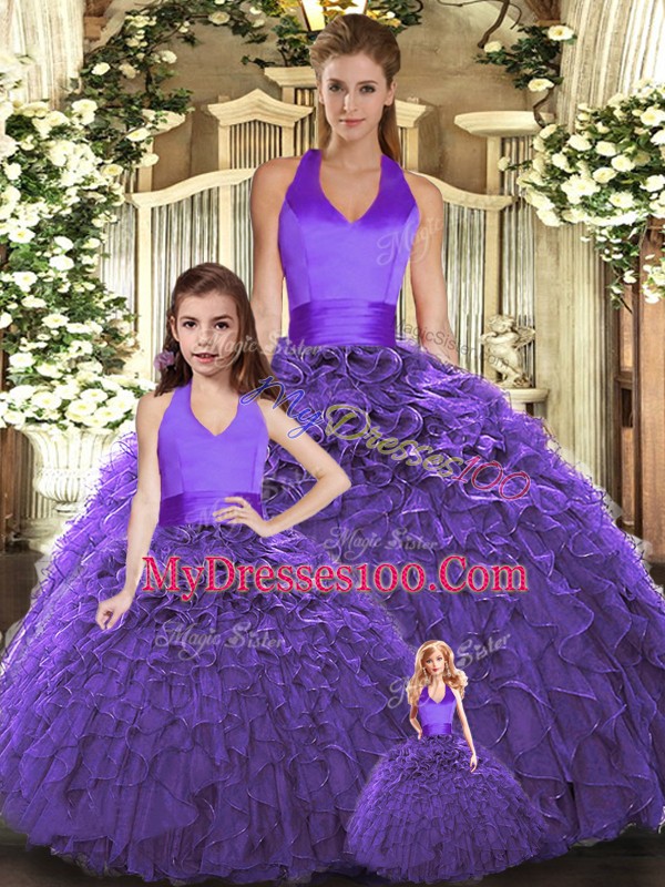 Purple Lace Up Quinceanera Gowns Ruffles Sleeveless Floor Length