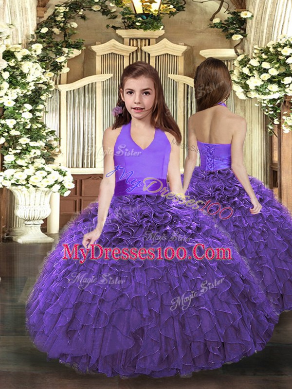 Purple Lace Up Quinceanera Gowns Ruffles Sleeveless Floor Length