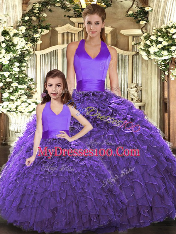 Purple Lace Up Quinceanera Gowns Ruffles Sleeveless Floor Length
