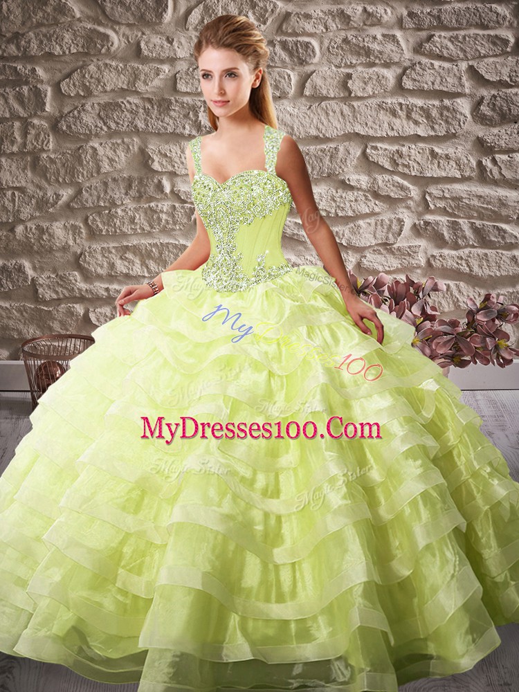 Yellow Green Lace Up Straps Beading and Ruffled Layers Vestidos de Quinceanera Organza Sleeveless Court Train