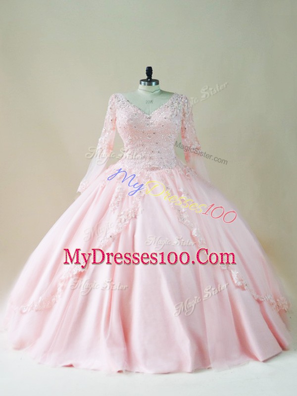 Pretty Floor Length Lace Up Vestidos de Quinceanera Baby Pink for Sweet 16 and Quinceanera with Beading and Appliques