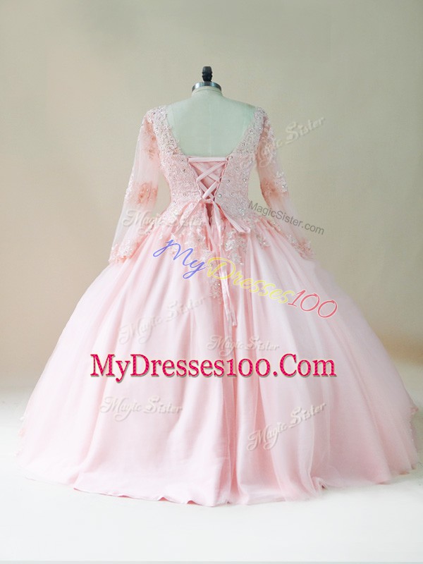 Pretty Floor Length Lace Up Vestidos de Quinceanera Baby Pink for Sweet 16 and Quinceanera with Beading and Appliques
