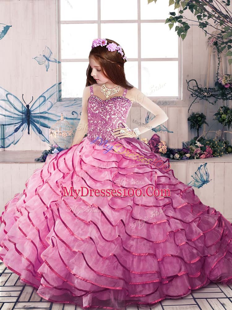 Pink Sleeveless Organza Court Train Lace Up Pageant Dresses for Party and Military Ball and Wedding Party
