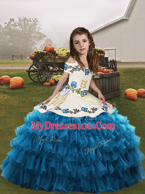 Blue Sleeveless Embroidery and Ruffled Layers Floor Length Girls Pageant Dresses