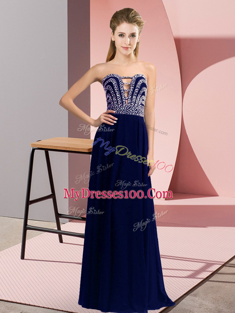 Wonderful Blue Chiffon Lace Up Prom Gown Sleeveless Floor Length Beading