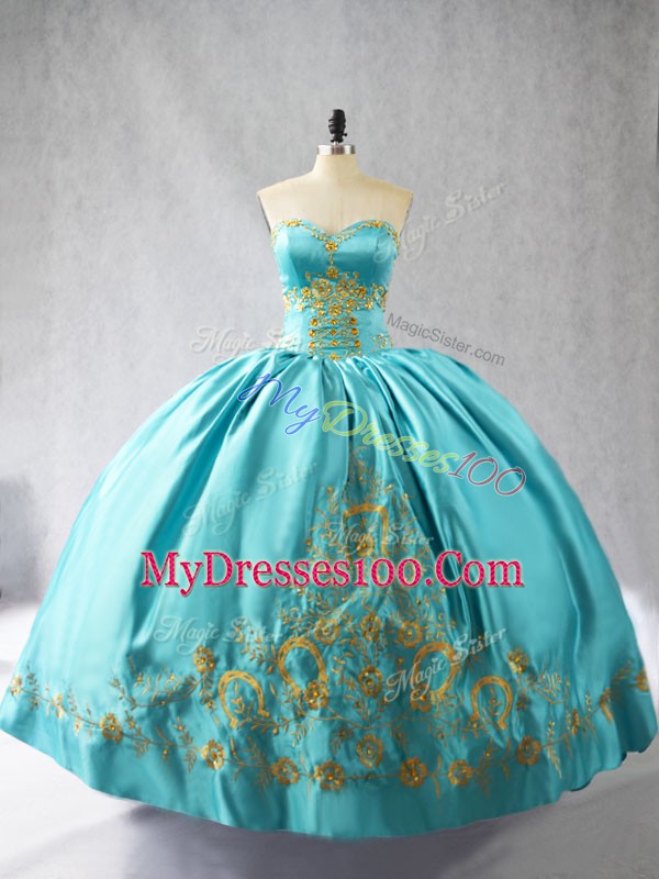 Aqua Blue Satin Lace Up Sweetheart Sleeveless Floor Length Ball Gown Prom Dress Embroidery