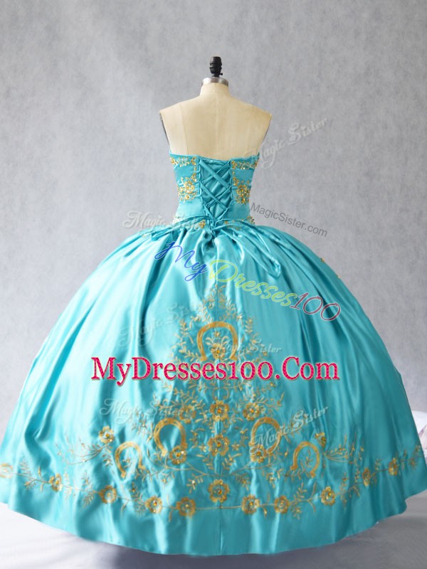 Aqua Blue Satin Lace Up Sweetheart Sleeveless Floor Length Ball Gown Prom Dress Embroidery