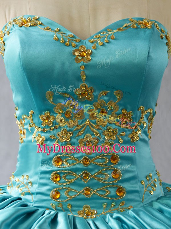 Aqua Blue Satin Lace Up Sweetheart Sleeveless Floor Length Ball Gown Prom Dress Embroidery