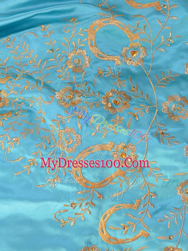 Aqua Blue Satin Lace Up Sweetheart Sleeveless Floor Length Ball Gown Prom Dress Embroidery