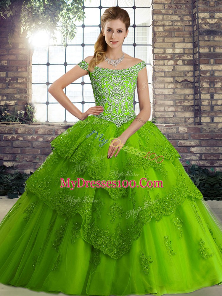 Elegant Green Off The Shoulder Lace Up Beading and Lace Sweet 16 Dresses Brush Train Sleeveless