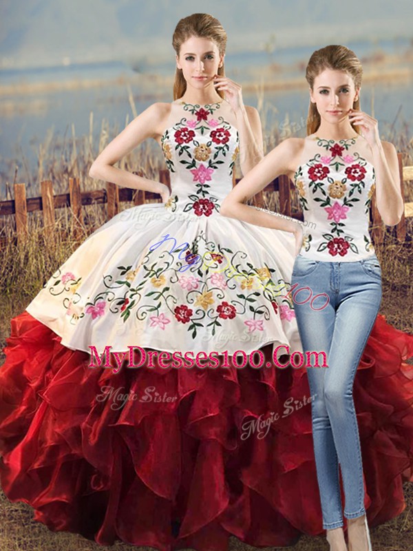 Halter Top Sleeveless Quinceanera Dress Floor Length Embroidery and Ruffles White And Red Organza