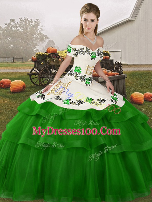 Wonderful Green Lace Up Quinceanera Gowns Embroidery and Ruffled Layers Sleeveless Brush Train