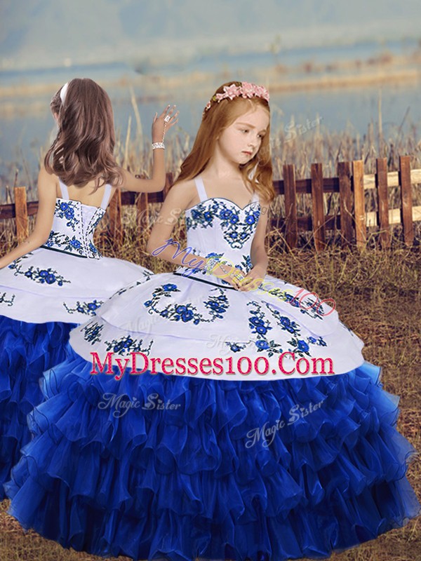 Straps Sleeveless Little Girls Pageant Gowns Floor Length Embroidery and Ruffled Layers Royal Blue Organza