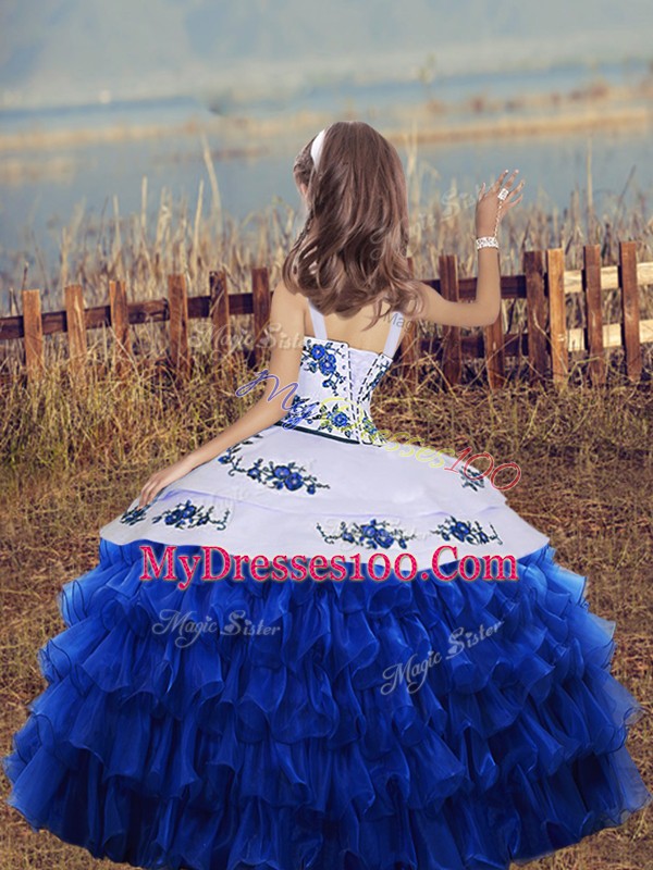 Straps Sleeveless Little Girls Pageant Gowns Floor Length Embroidery and Ruffled Layers Royal Blue Organza