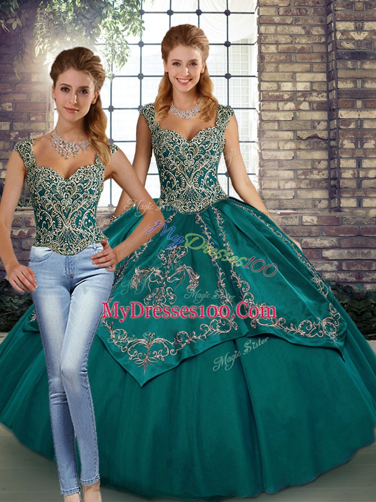Hot Sale Tulle Straps Sleeveless Lace Up Beading and Embroidery Quinceanera Dresses in Teal