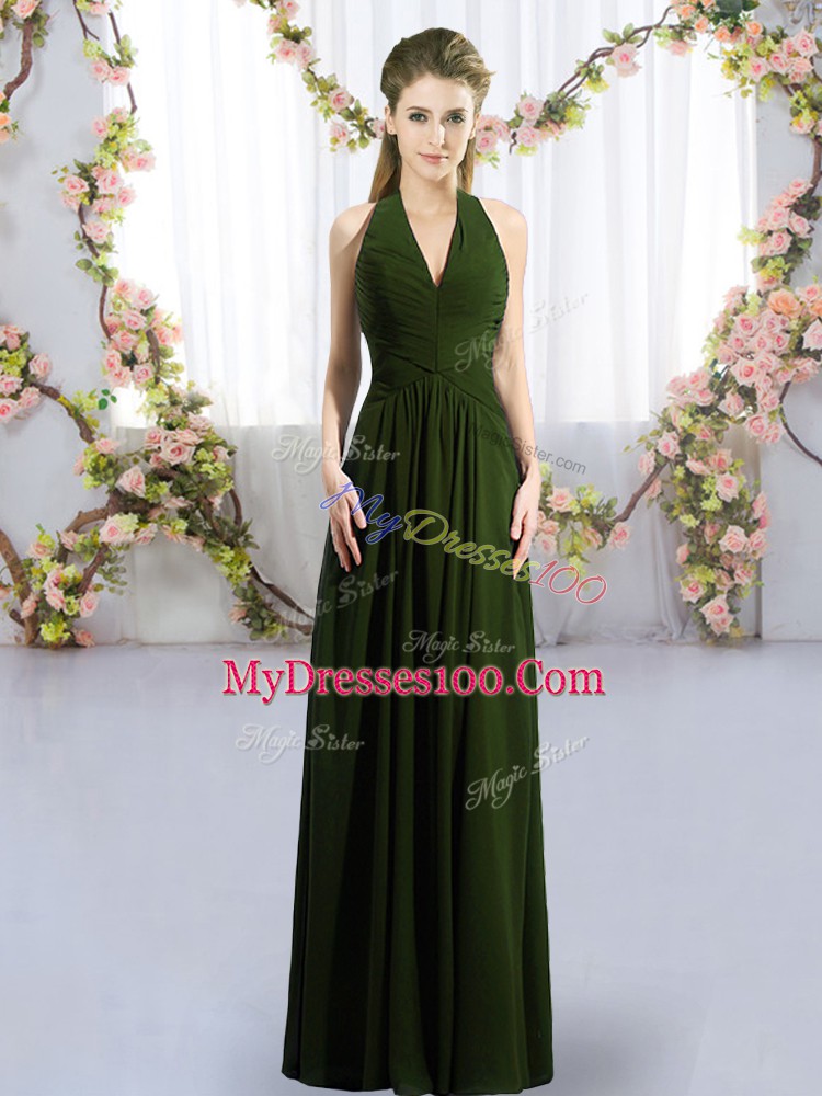 Stunning Chiffon Halter Top Sleeveless Lace Up Ruching Quinceanera Dama Dress in Olive Green