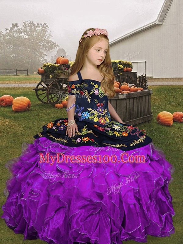 Great Floor Length Lace Up Girls Pageant Dresses Eggplant Purple and Purple for Party and Wedding Party with Embroidery and Ruffles