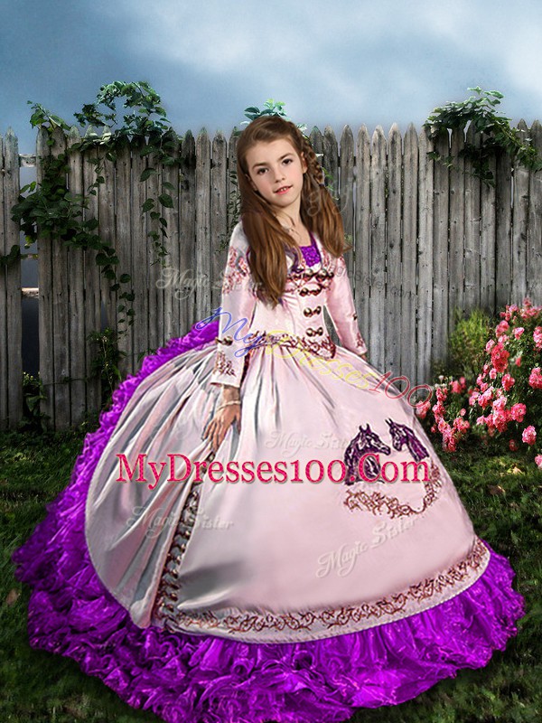 Latest White Sleeveless Sweep Train Embroidery and Ruffles Pageant Gowns