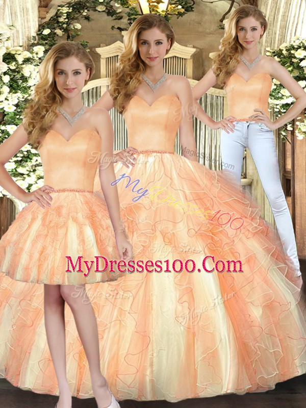 Customized Orange Sweetheart Lace Up Beading and Ruffles Sweet 16 Quinceanera Dress Sleeveless