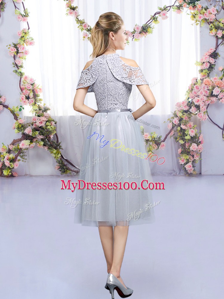 Delicate Tulle High-neck Sleeveless Zipper Lace and Belt Vestidos de Damas in Grey