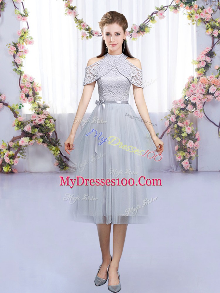 Delicate Tulle High-neck Sleeveless Zipper Lace and Belt Vestidos de Damas in Grey
