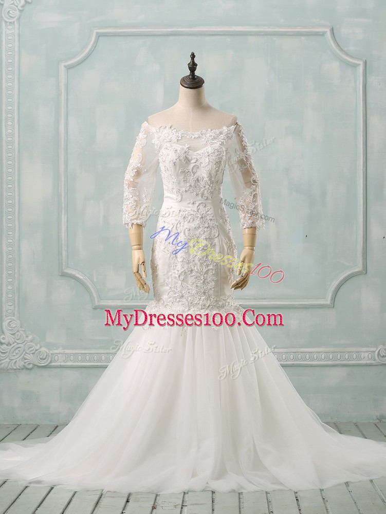 Cute Tulle 3 4 Length Sleeve Wedding Dress Watteau Train and Lace