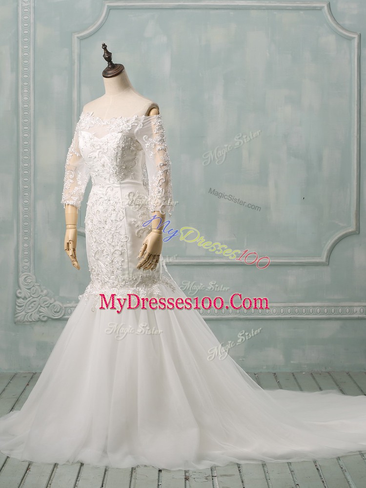 Cute Tulle 3 4 Length Sleeve Wedding Dress Watteau Train and Lace