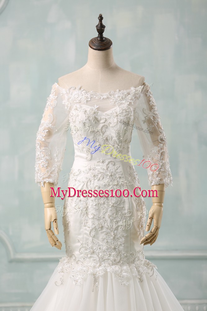 Cute Tulle 3 4 Length Sleeve Wedding Dress Watteau Train and Lace