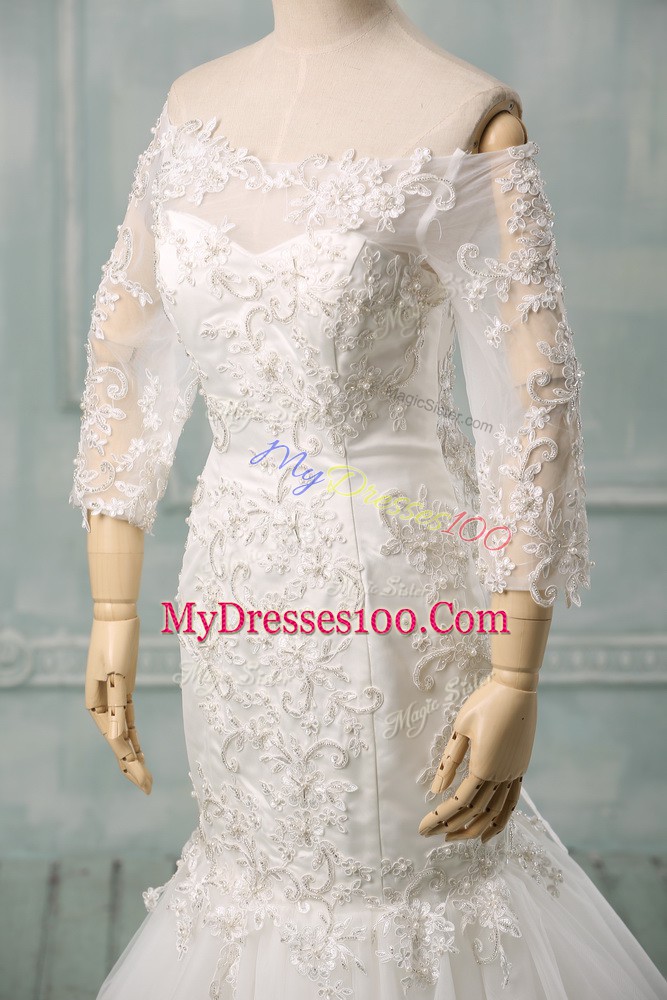Cute Tulle 3 4 Length Sleeve Wedding Dress Watteau Train and Lace