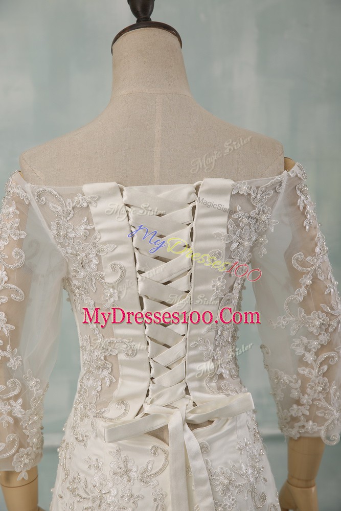 Cute Tulle 3 4 Length Sleeve Wedding Dress Watteau Train and Lace