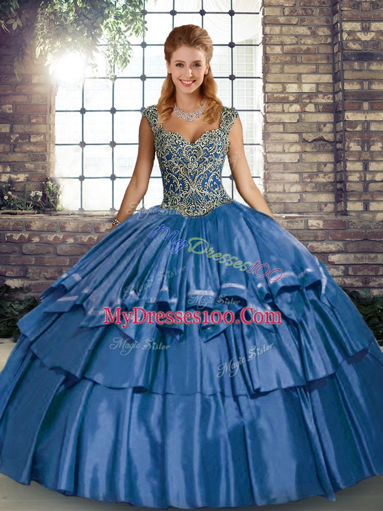 Unique Blue Ball Gowns Taffeta Straps Sleeveless Beading and Ruffled Layers Floor Length Lace Up Quinceanera Gowns