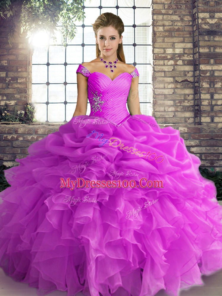 Lilac Lace Up Sweet 16 Dresses Beading and Ruffles and Pick Ups Sleeveless Floor Length