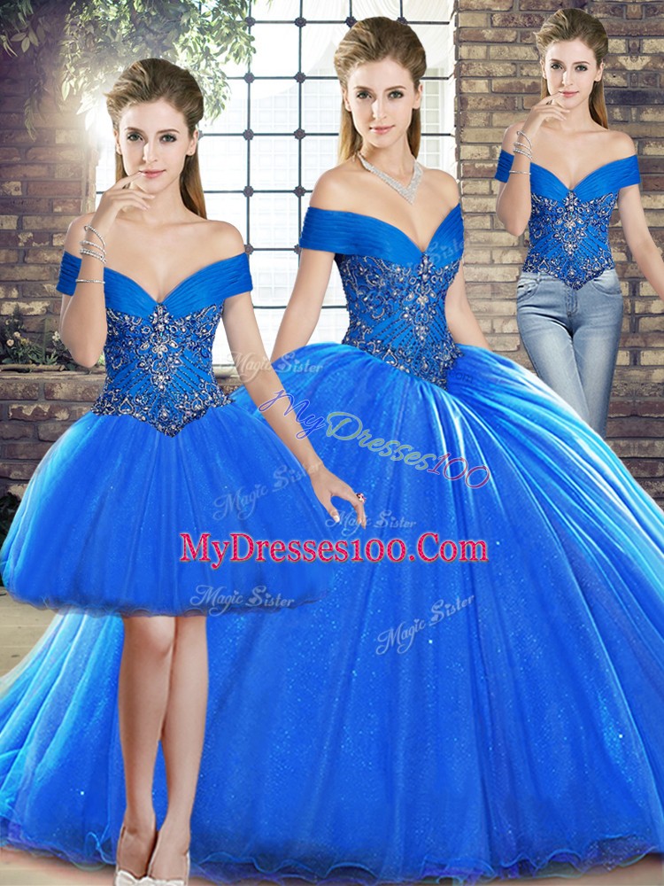 Fitting Royal Blue Sweet 16 Dress Military Ball and Sweet 16 and Quinceanera with Beading Off The Shoulder Sleeveless Brush Train Lace Up