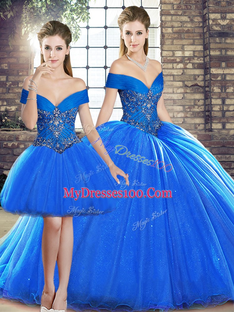 Fitting Royal Blue Sweet 16 Dress Military Ball and Sweet 16 and Quinceanera with Beading Off The Shoulder Sleeveless Brush Train Lace Up