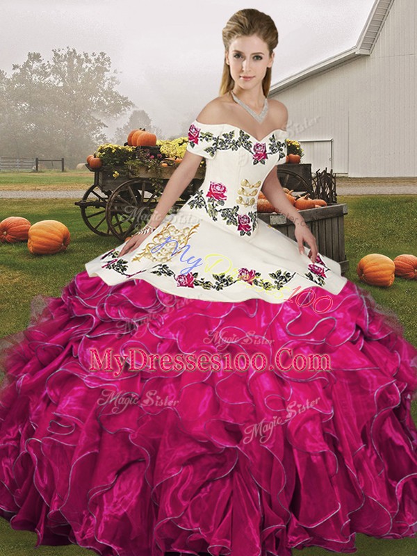 Glamorous Fuchsia Organza Lace Up Off The Shoulder Sleeveless Floor Length 15th Birthday Dress Embroidery and Ruffles
