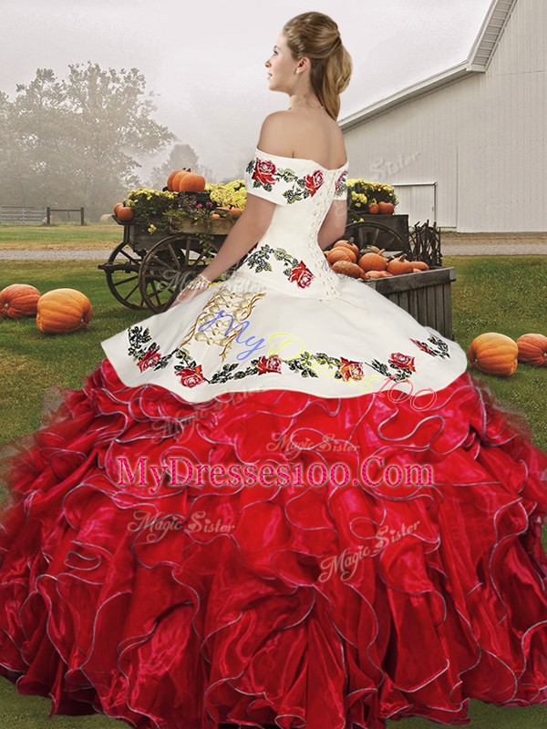 Glamorous Fuchsia Organza Lace Up Off The Shoulder Sleeveless Floor Length 15th Birthday Dress Embroidery and Ruffles