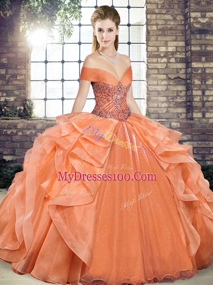 Organza Off The Shoulder Sleeveless Lace Up Beading and Ruffles 15th Birthday Dress in Orange