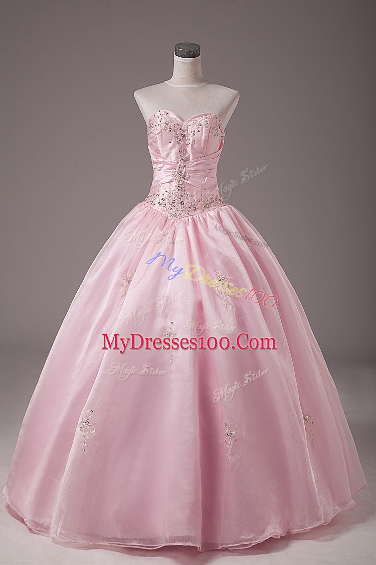 Baby Pink Lace Up Strapless Beading and Embroidery Quinceanera Gowns Organza Sleeveless
