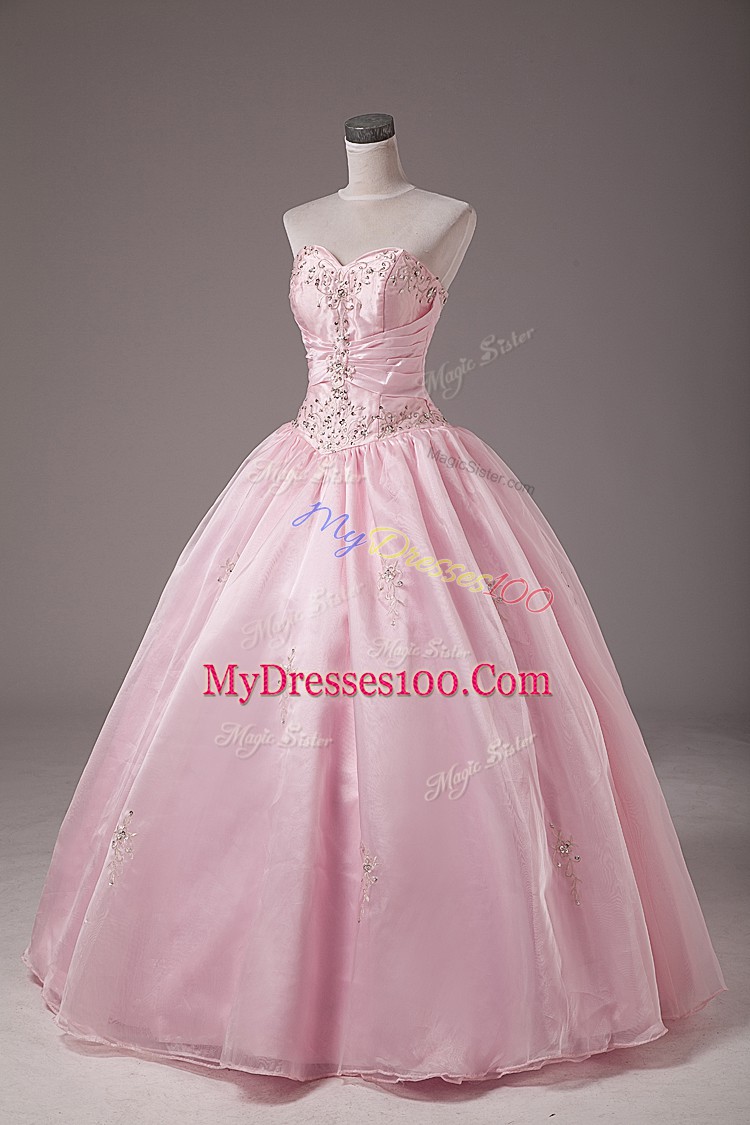 Baby Pink Lace Up Strapless Beading and Embroidery Quinceanera Gowns Organza Sleeveless