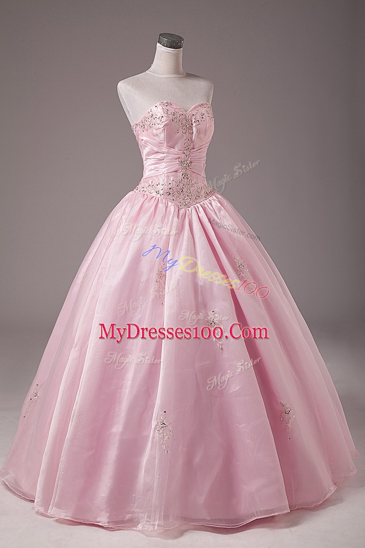 Baby Pink Lace Up Strapless Beading and Embroidery Quinceanera Gowns Organza Sleeveless