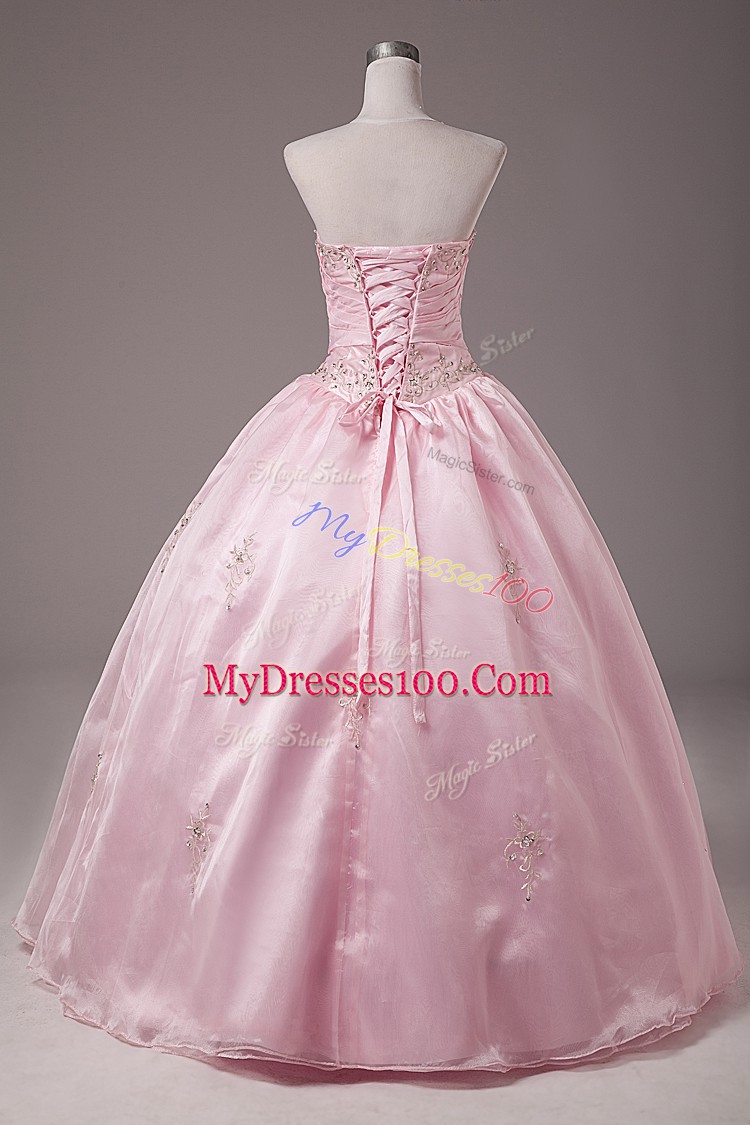 Baby Pink Lace Up Strapless Beading and Embroidery Quinceanera Gowns Organza Sleeveless