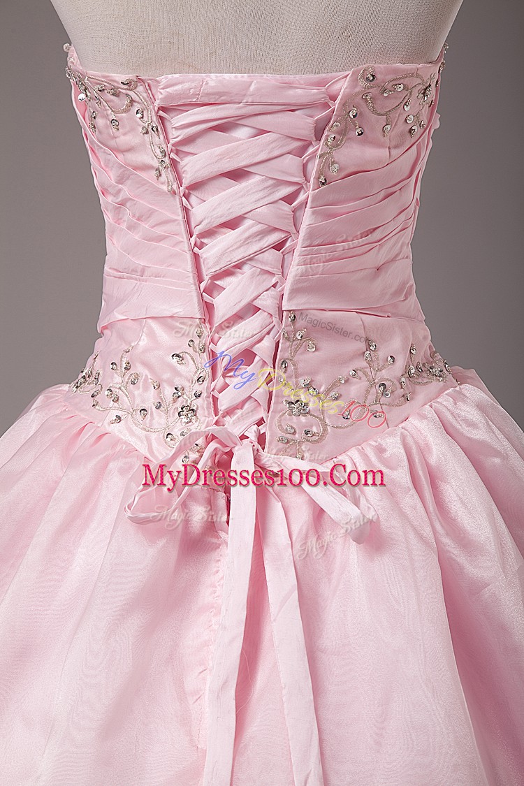 Baby Pink Lace Up Strapless Beading and Embroidery Quinceanera Gowns Organza Sleeveless