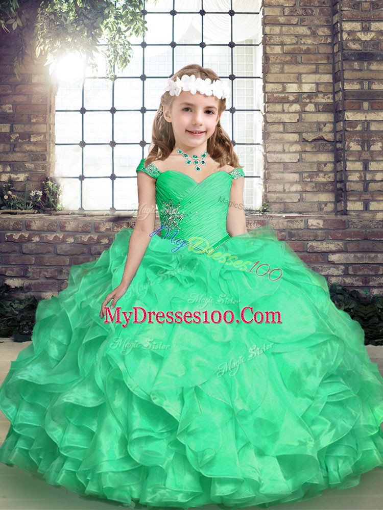 Sweet Turquoise Lace Up Straps Embroidery and Ruffles and Ruching Little Girl Pageant Gowns Organza Sleeveless