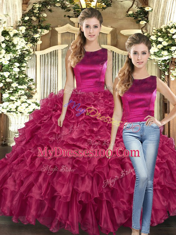 Shining Fuchsia Two Pieces Scoop Sleeveless Organza Floor Length Lace Up Ruffles Quinceanera Dress