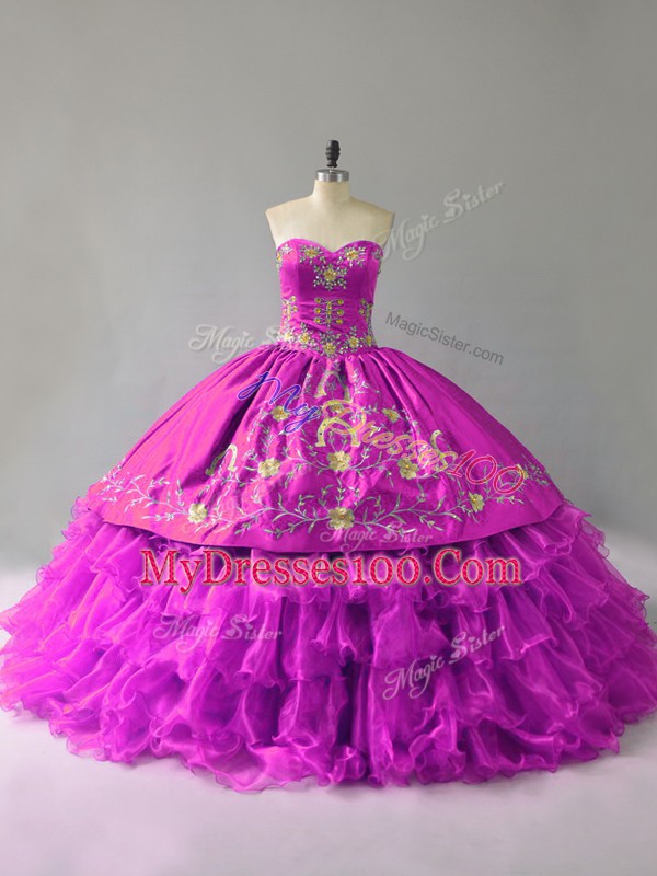 Purple Ball Gowns Embroidery and Ruffles Quinceanera Gown Lace Up Organza Sleeveless Floor Length