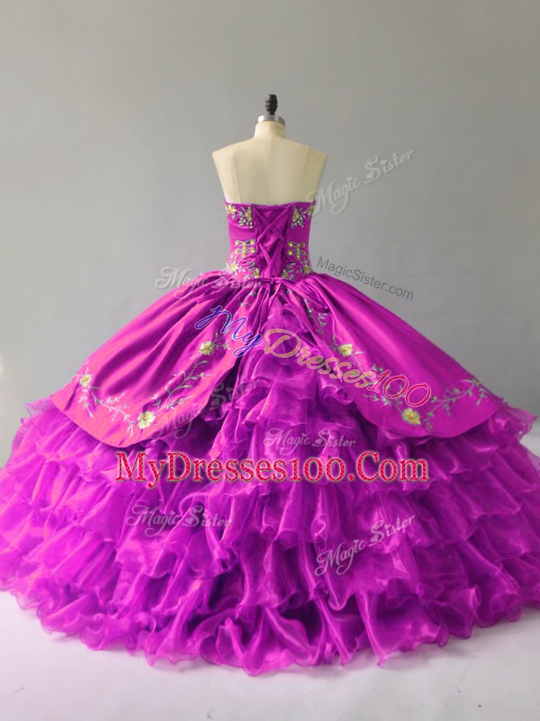 Purple Ball Gowns Embroidery and Ruffles Quinceanera Gown Lace Up Organza Sleeveless Floor Length