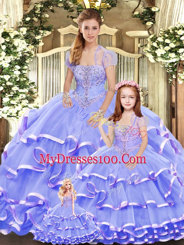 Lavender Organza Lace Up Strapless Sleeveless Floor Length Vestidos de Quinceanera Beading and Ruffled Layers